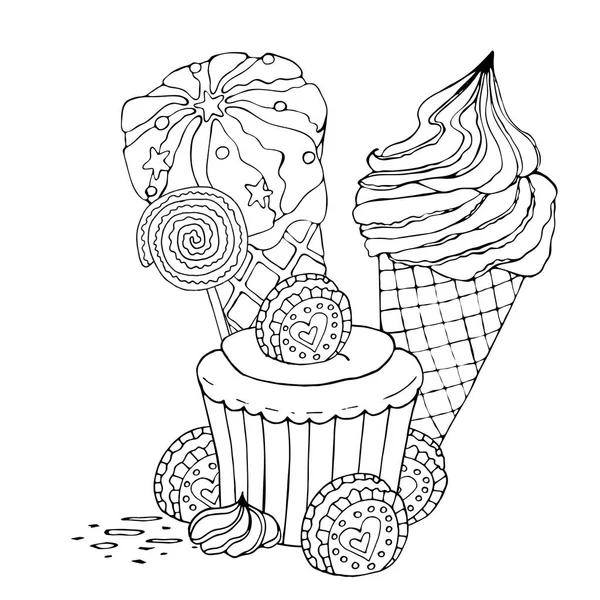 Coloring page with cake, ice cream, ccake, candy and other des — стоковый вектор