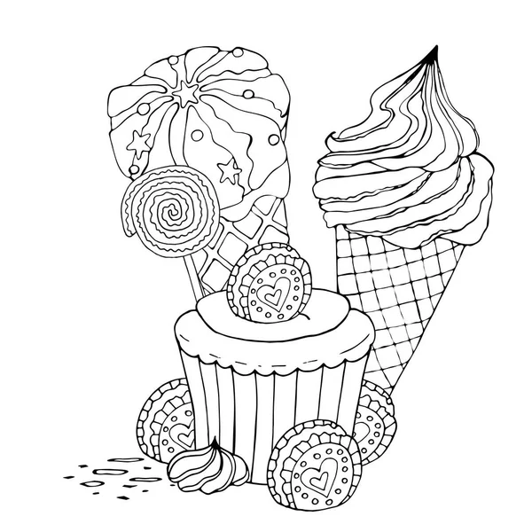 Página para colorear con pastel, helado, magdalena, dulces y otros des — Vector de stock