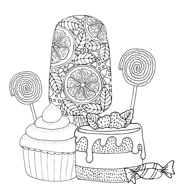 Desenho para colorir com bolo, cupcake, doces, sorvete e outros des imagem  vetorial de ellina200@mail.ru© 268637880