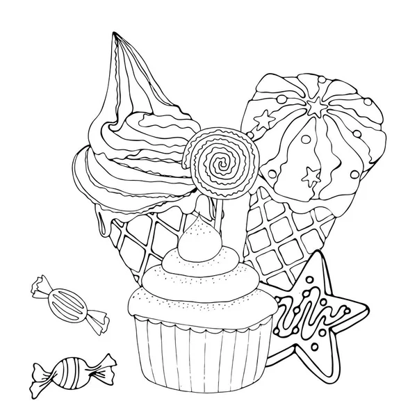 Página Para Colorir Cupcake. Bolo Doce Com Creme. Sobremesa Festiva. Padrão  Floral. Desenho De Linha Vetorial Desenhado À Mão. Livro De Colorir Para  Crianças E Adultos. Esboço Preto E Branco. Royalty Free