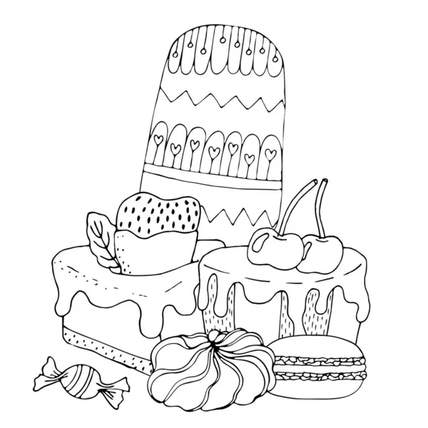 Coloring page with cake, ice cream, ccake, candy and other des — стоковый вектор