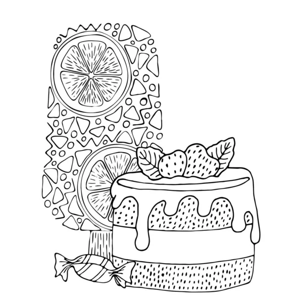 Coloring page with cake, ice cream, cupcake, candy and other des — Stock Vector