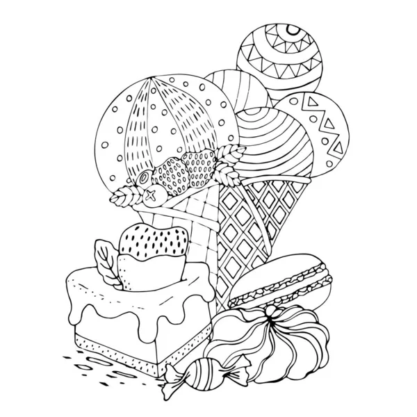 Coloring page with cake, ice cream, cupcake, candy and other des — Stock Vector