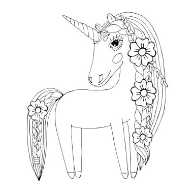 Kitap veya sayfa renklendirme için satırı tek boynuzlu at siyah