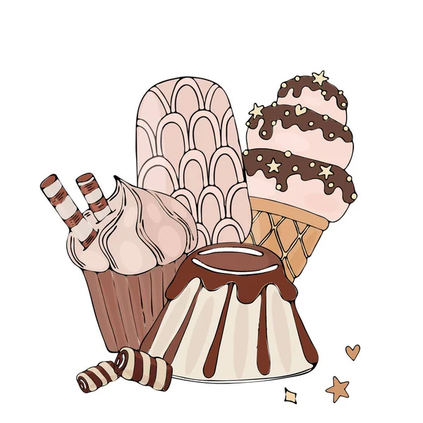 Desenho para colorir com bolo, sorvete, cupcake, doces e outros des  vetor(es) de stock de ©ellina200@mail.ru 283971708