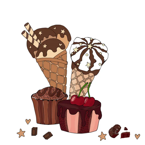 Vecteur coloré gâteau, cupcake, bonbons et crème glacée isolé sur t — Image vectorielle