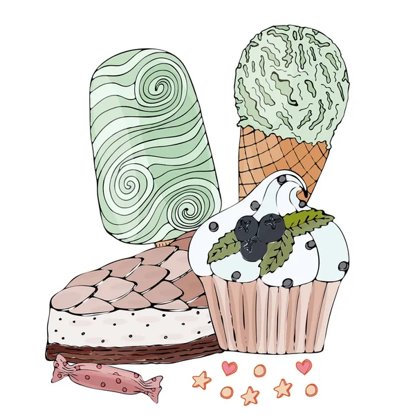 Vector pastel colorido, magdalena, dulces y helados aislados en t — Vector de stock