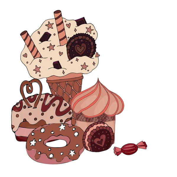 Vektor színes sütemény, Cupcake, cukorka és fagylalt izolált t — Stock Vector
