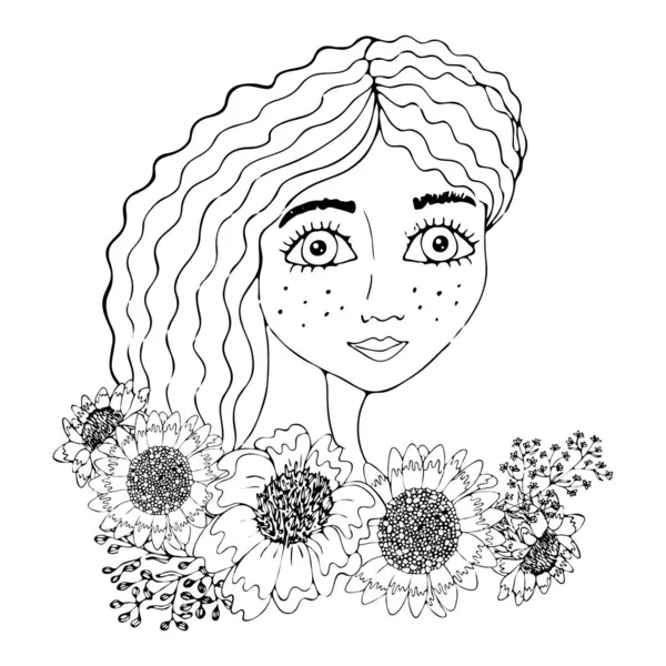 Портрет красивої дівчини з квіткою для розмальовки, обкладинки, s — стоковий вектор