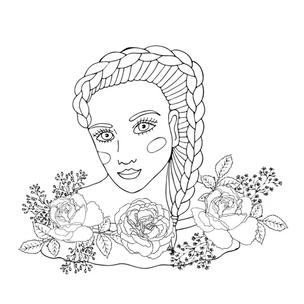 Retrato de una hermosa chica con flor para colorear, cubiertas, s — Vector de stock