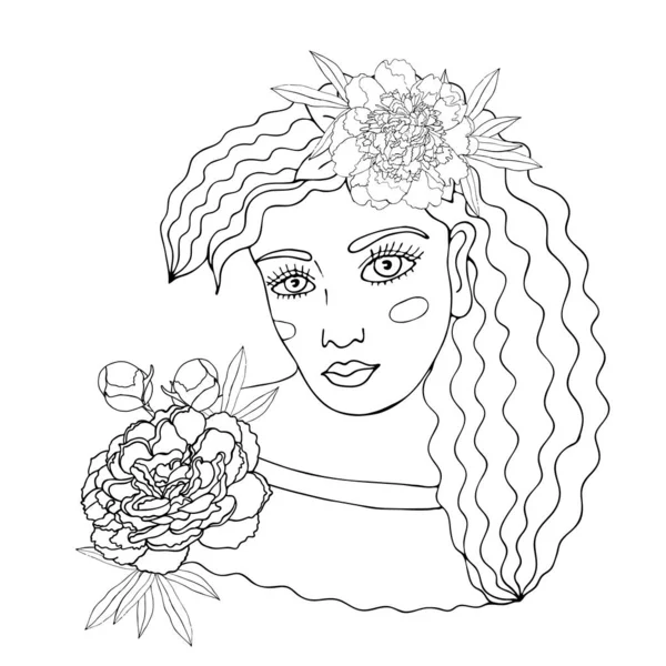 Retrato de una hermosa chica con flor para colorear, cubiertas, s — Vector de stock