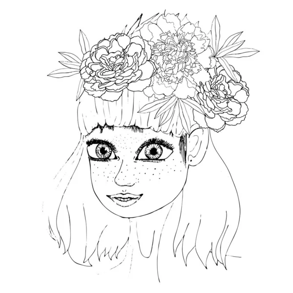 Portrait d'une belle fille avec des fleurs pour la coloration, couvertures, s — Image vectorielle