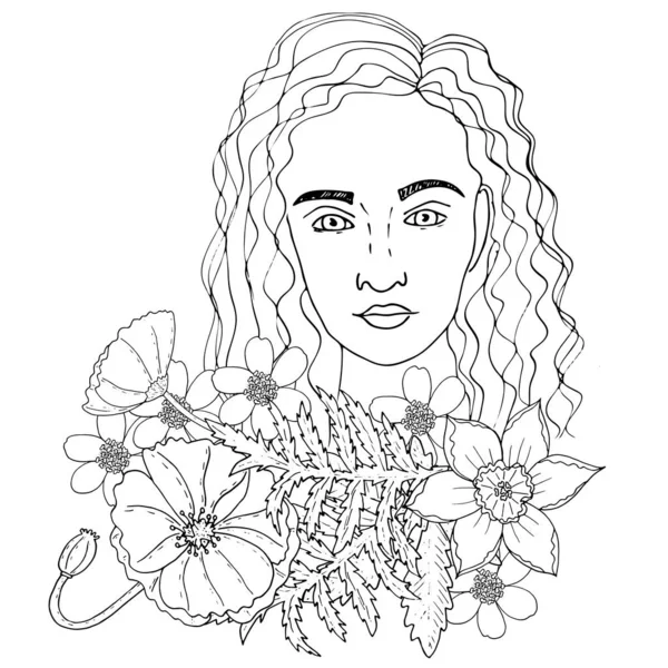 Retrato de una hermosa chica con flor para colorear, cubiertas, s — Vector de stock