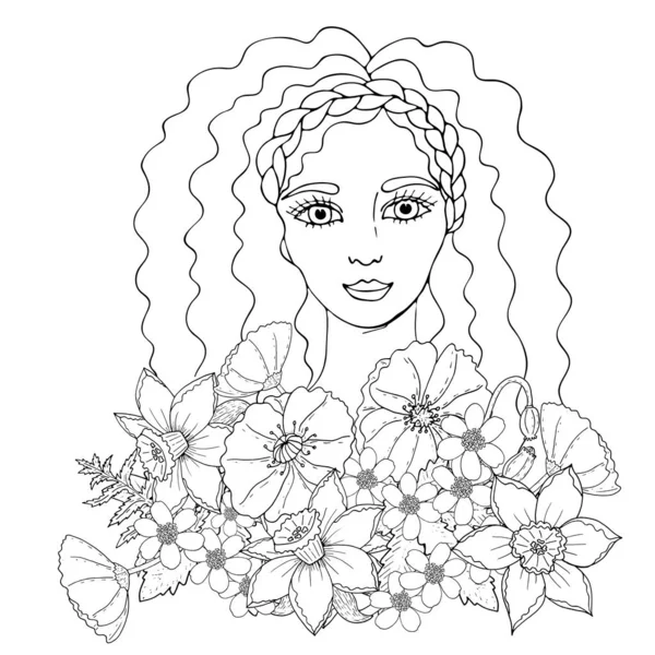 Retrato de una hermosa chica con flor para colorear, cubiertas, s — Vector de stock