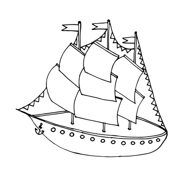 Nave linea nera o barca per libro da colorare — Vettoriale Stock