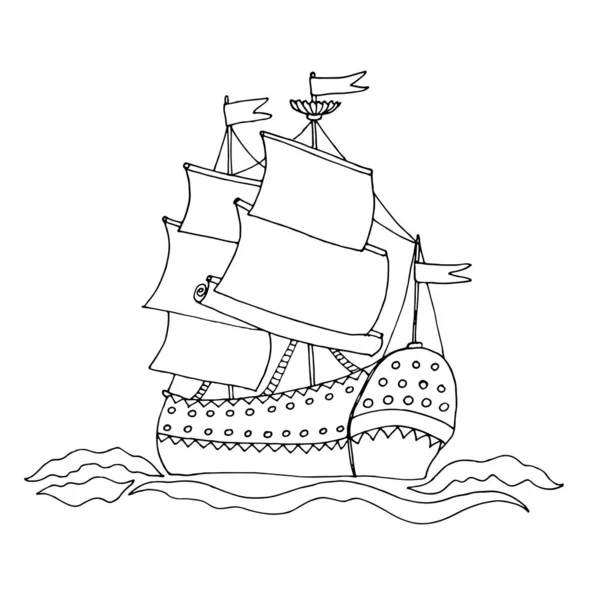 Черная линия корабля или лодки для раскраски книги — стоковый вектор