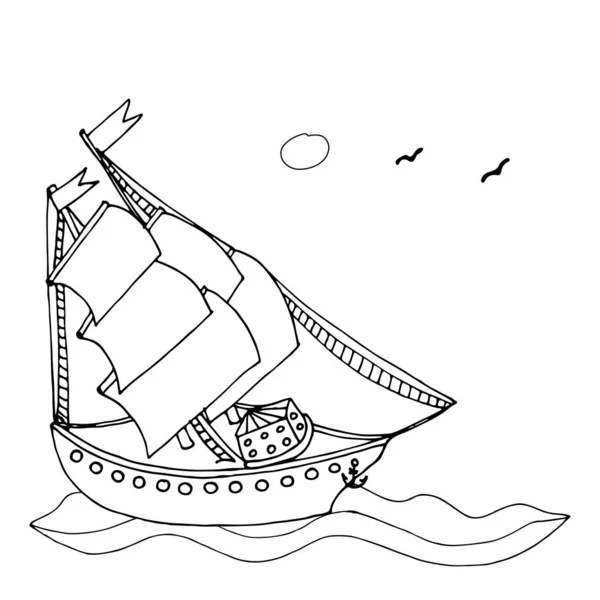 Черная линия корабля или лодки для раскраски книги — стоковый вектор