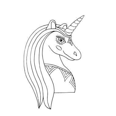 Kitap veya sayfa renklendirme için satırı tek boynuzlu at siyah