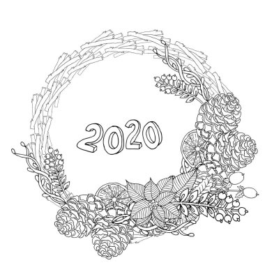 Noel 2020 çerçeve veya çelenk boyama kitabı veya sayfası