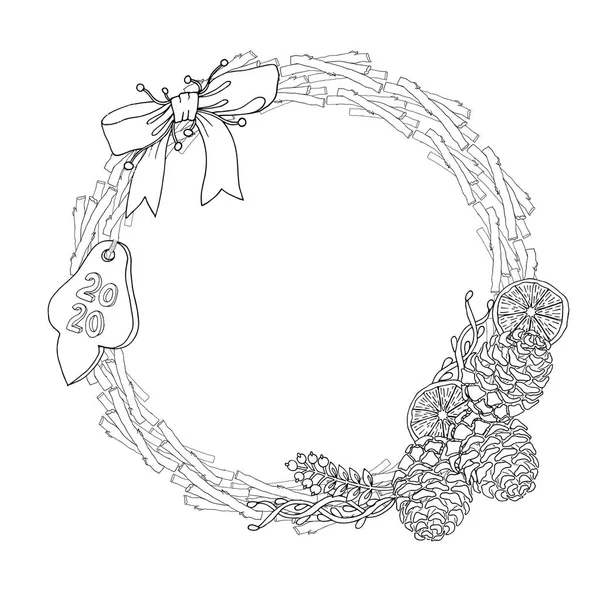 Cadre ou couronne de Noël 2020 livre ou page à colorier — Image vectorielle