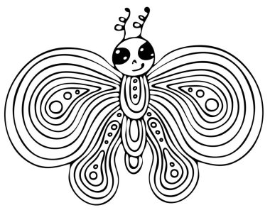 Dövme için soyut siyah çizgi kelebeği, yetişkinler için boyama kitabı ve beyaz arka plandaki çocuklar.