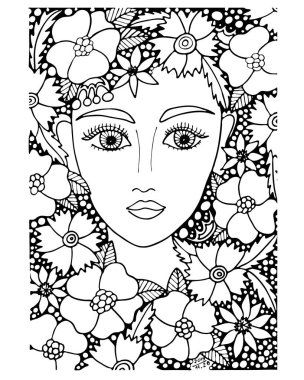 Siyah hatlı kız beyaz arka planda izole edilmiş. Kitap ya da sayfa boyayanlar.