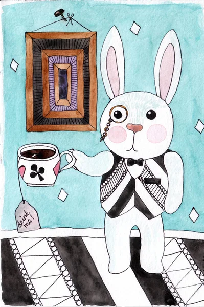 Cartoon watercolor rabbit with tea or coffee in a fantasy room. Watercolor fantasy card with rabbit.