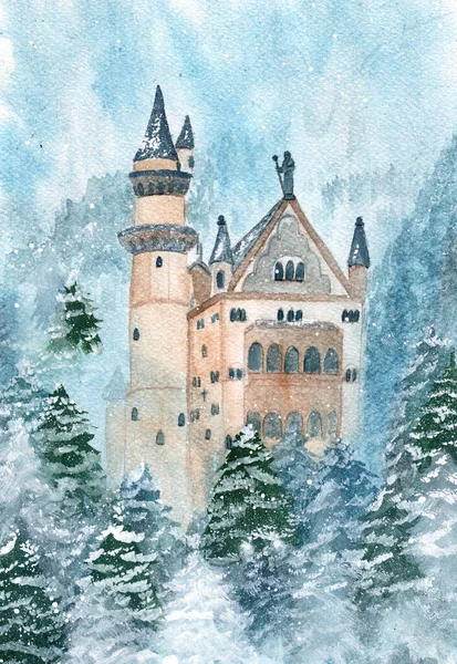Watercolor castle with trees winter nature. Watercolor fort or castle.