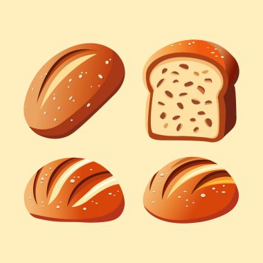 İçinde tohumlar ve altın somun dilimleri olan bir köy ekmeği çizimi. Markalaşma, yemek tarifi kitapları, fırın posterleri ve dijital gıda grafikleri için ideal.