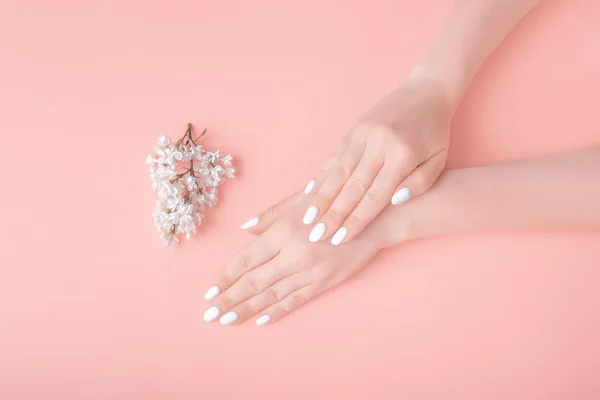 Woman Hands Beautiful Manicure White Lilac Isolated Pink Background Natural — Stock Photo, Image