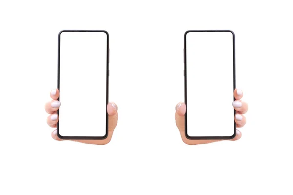 Woman Hand Shows Mobile Smartphone White Screen Vertical Position Mock — Stock Photo, Image