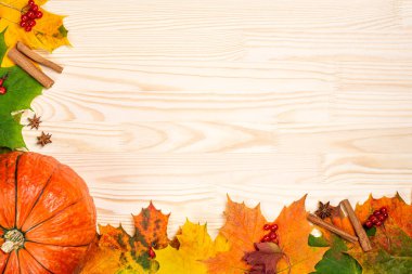 Ahşap arka planda turuncu balkabağı, sarı ve kırmızı yapraklarla dolu bir hayat. Beyaz ahşap zemin üzerinde duran renkli sonbahar akçaağaç yapraklarının manzarası. Düz çizgi