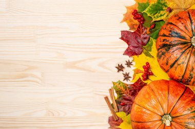 Ahşap masa üzerinde düşen akçaağaç yaprakları, balkabakları, tarçın ve dağ küllerinden oluşan sonbahar kompozisyonu. Şükran Günü, sonbahar tatili geçmişi. Düz alan, kopyala