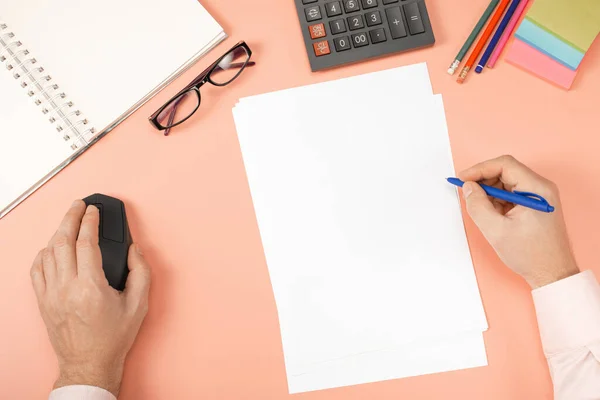 Man Hands Working Computer Calculator Notebook Pen Mouse Computer Modern — Stock Photo, Image