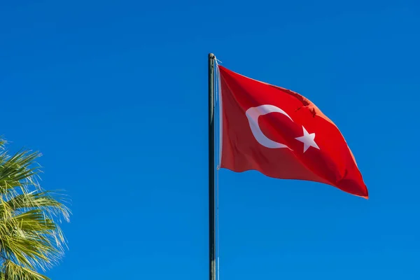 Государственный Флаг Турции Гордостью Машет Национальный Флаг Турции Размахиваю Национальным — стоковое фото