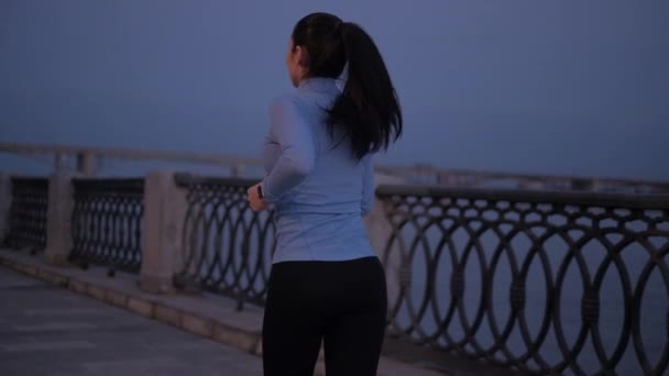 Una joven con ropa deportiva trotando en el paseo marítimo a la luz de la luna. el atleta se dedica a los deportes en el fondo de las luces de la ciudad por la noche. cámara lenta — Vídeos de Stock