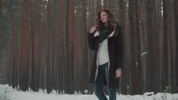 Portré egy lány, vörös hajú, téli erdőben. havazás, a téli időszakban. lassú mozgás — Stock videók