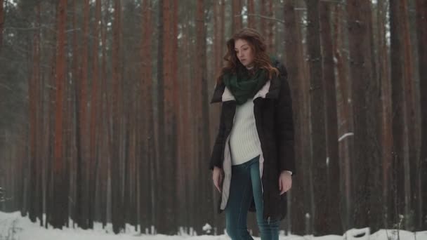 Sad and strange girl in the forest during a snowfall — Stock Video