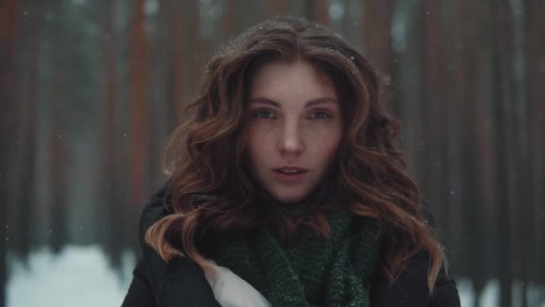 Retrato de una extraña y misteriosa chica pelirroja en un bosque de invierno. nevadas. copo de nieve en el cabello — Vídeos de Stock