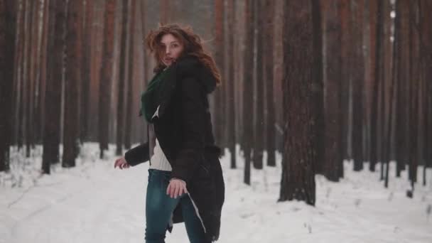 Porträtt av en rödhårig tjej med en elven utseende i en vinter skog. flickan går genom skogen vintern och ser sig omkring. slowmotion — Stockvideo