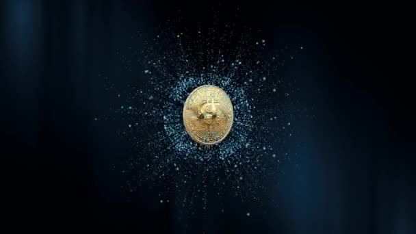 Symbole de la monnaie virtuelle sur le fond des particules. Animation 3D. Animation 3D. Rotation Bitcoin sur un fond abstrait — Video