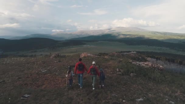 Luchtfoto. familie van toeristen. een jonge vrouw en man met kinderen lopen langs een pad in de bergen. Een jonge moeder en vader rugzakken gaan op een wandeling. Achteraanzicht — Stockvideo