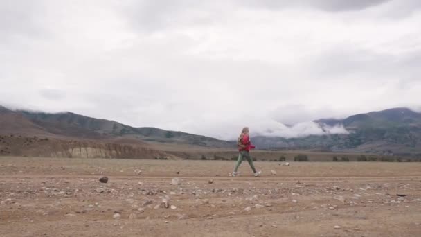 Excursionista camina por el terreno montañoso en un clima inclemente. nubes debajo de los picos de montaña. chica con un turista en una caminata — Vídeo de stock