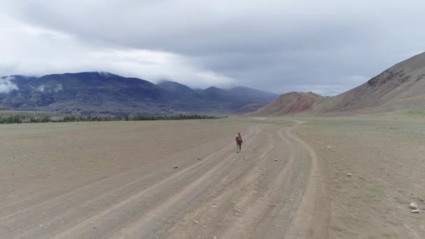 A lonely traveler walks along a stony valley in the mountains. girl tourist with a backpack — Stock Video