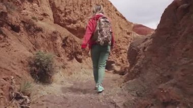 Kız sıradışı bir arazi yayılır. kızıl toprağı ve dağlar, Mars'ta gibi. Arkadan görünüm
