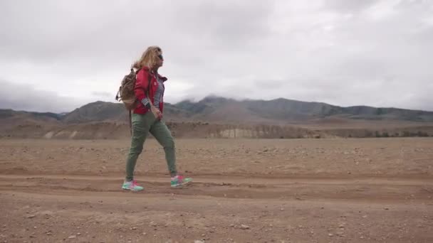 Porträt eines Touristen mit Rucksack in den Bergen. Mädchen wandert bei schlechtem Wetter durch bergiges Gelände — Stockvideo