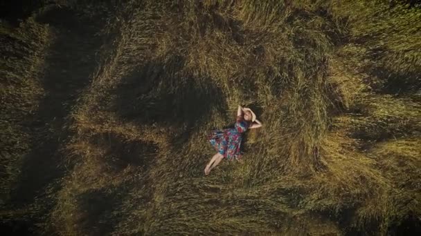 Антенна. привлекательная девушка в деревенском платье лежит на сеновале. молодая женщина в шляпе. Концепция единства с природой и спокойствия. вид сверху . — стоковое видео