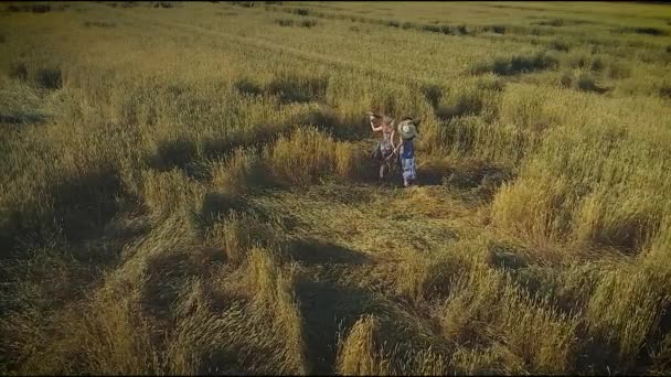 空中。女孩们穿过草地, 沿着高高的草地奔跑。两名年轻女子戴着草帽和乡村礼服。从上面查看。慢动作 — 图库视频影像