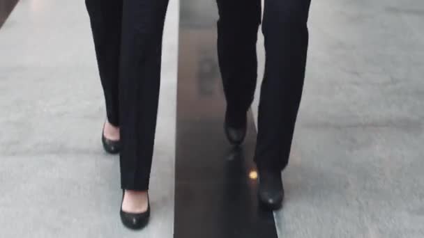 Weibliche Beine aus nächster Nähe. Geschäftsfrauen gehen durch ein Bürogebäude — Stockvideo