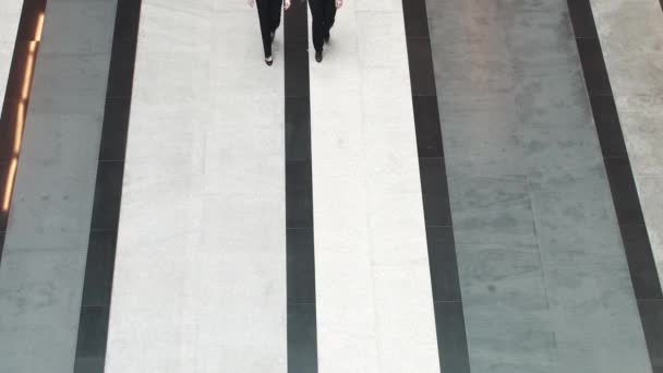 Προϊστάμενος και βοηθός σε ένα κτίριο γραφείων. δύο επαγγελματίες γυναίκες περπατώντας κατά μήκος του διαδρόμου από το επιχειρηματικό κέντρο. θέα από ψηλά — Αρχείο Βίντεο